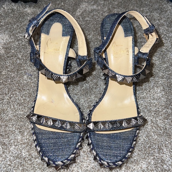 Chrisitan Louboutin Lame Lux Pyraclou 110 Wedge DENIM - Picture 5 of 6